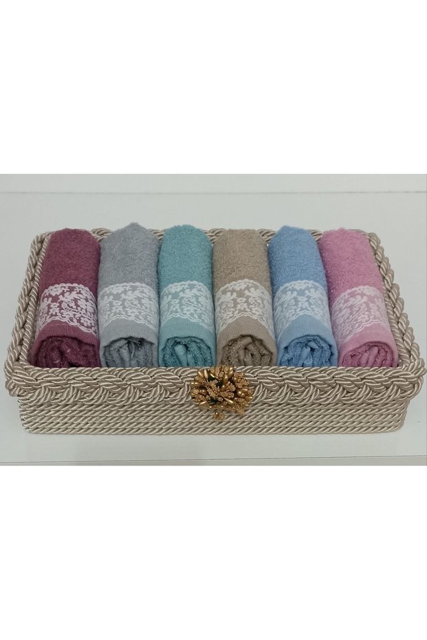 Rectangular Knitted Basket , 6 Cotton Colored Patterned Towels 30*50cm ,