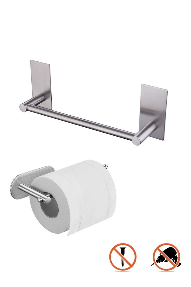 Stainless Steel Adhesive Towel Holder 30cm and Toilet Roll Holder - Instant Installation No Screws! Inox