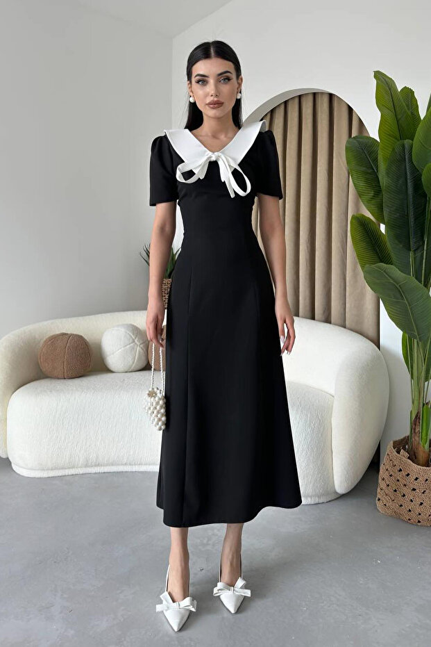 Black and White V-Neck Stripe Detailed Midi Flared Evening Dress