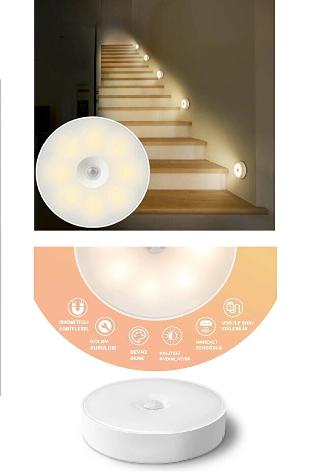 Hareket Sensörlü Usb Şarjlı Led Işık Gece Lambası Mutfak Salon Merdiven Yatak Odası Dolap içi - 8
