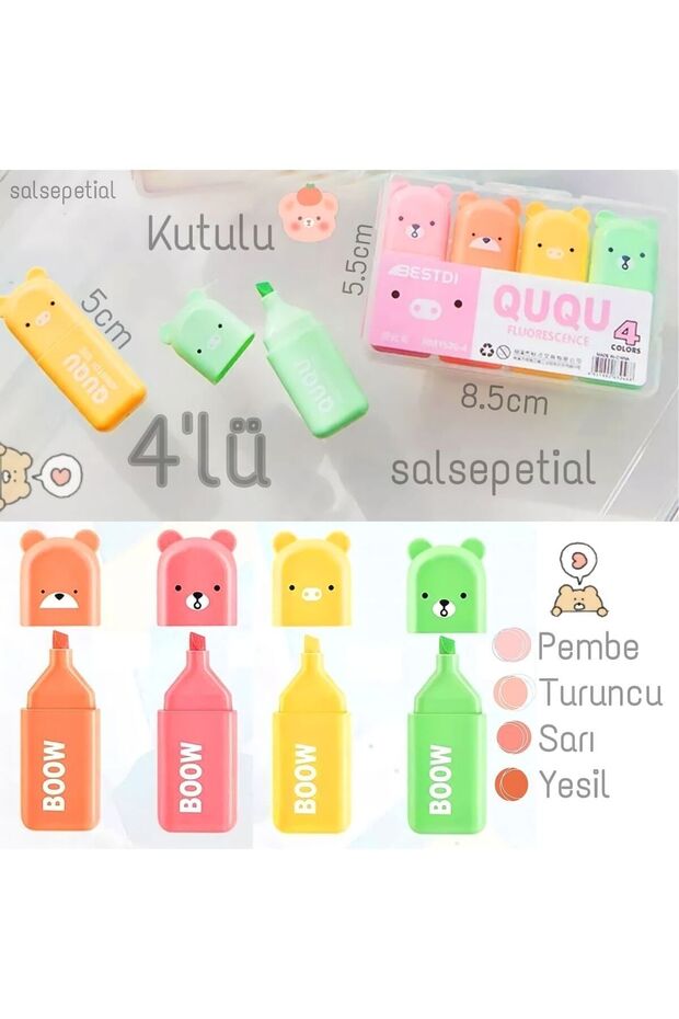 4'lü Mini Sevimli Ayıcık Figürlü Fosforlu Kalem - 1