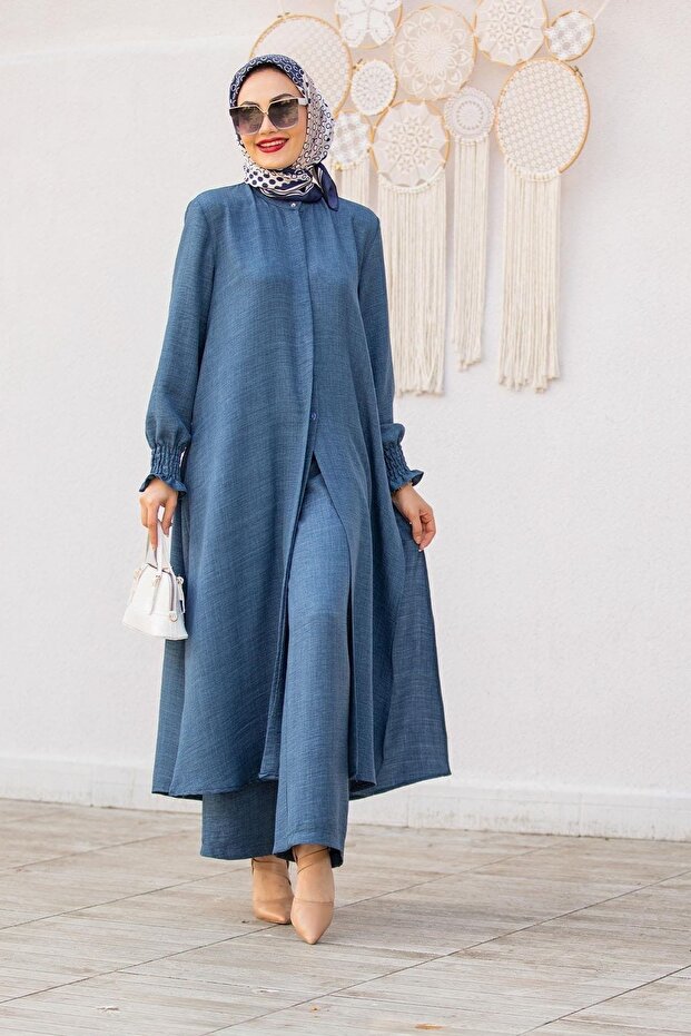 Linen Long Tunic Trousers Set-Blue