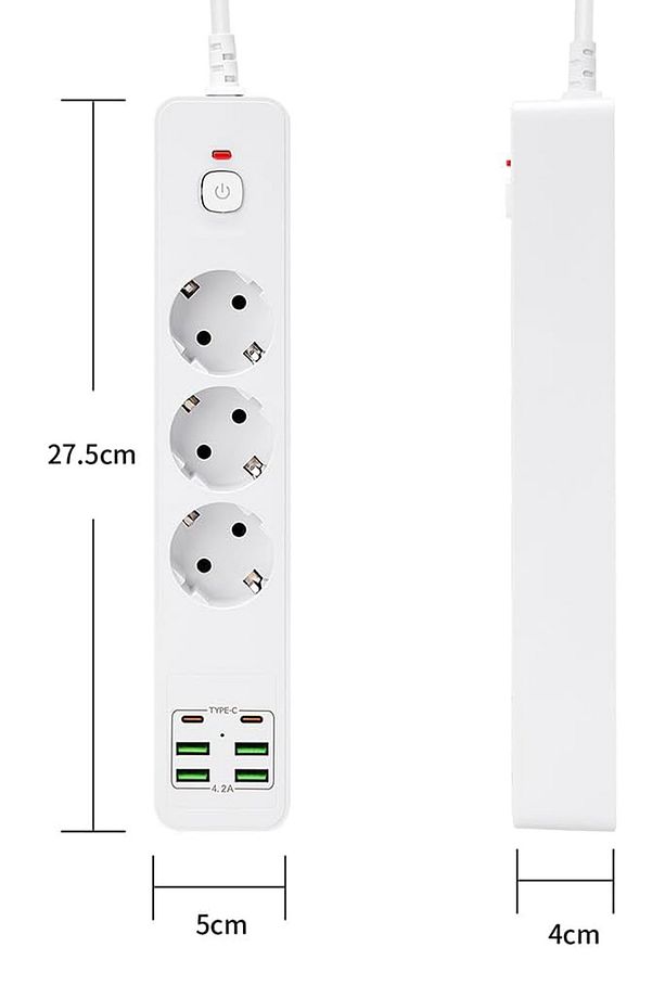 Yeni Nesil 3lü Grup Priz 2.0 Metre 2 Adet Type-C ve 4 Adet USB Girişli Universal Çoklu Priz - 5