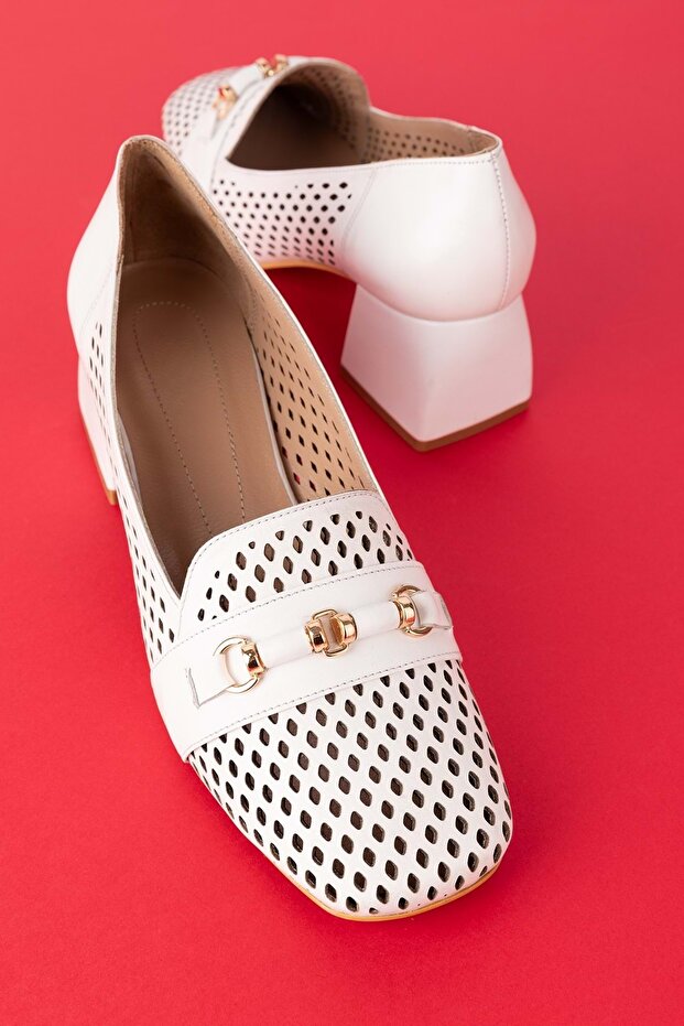 Women's Genuine Leather Laser Perforated Heeled Shoes Ast.7480