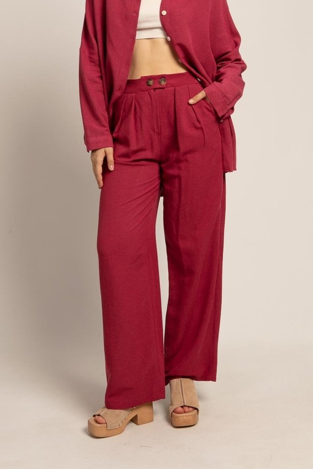 Women's Burgundy Linen Textured Pleated Palazzo Trousers