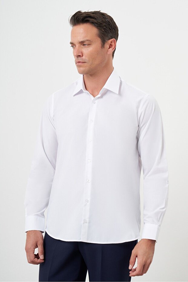 Men's White Basic Plain Pattern Hard Neck Regular Fit Shirt - 2