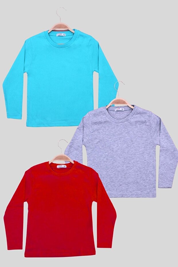3-Piece Plain 0 Collar Long Sleeve Unisex Kids Turquoise-Grey-Burgundy Sweatshirt