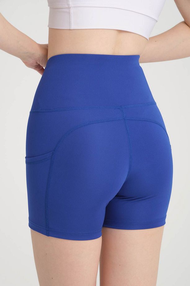 Kadın Çift Cepli Yüksek Bel Spor Şort Mavi Yoga Şort Tayt - 7