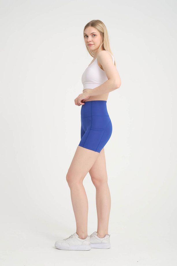 Kadın Çift Cepli Yüksek Bel Spor Şort Mavi Yoga Şort Tayt - 4