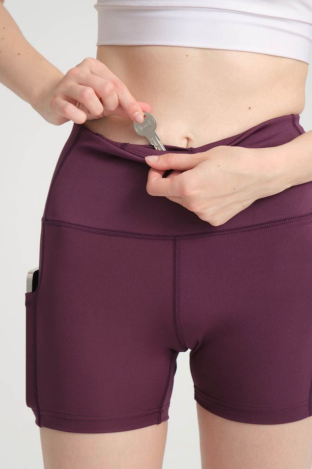 Kadın Çift Cepli Yüksek Bel Spor Şort Mürdüm Yoga Şort Tayt - 8