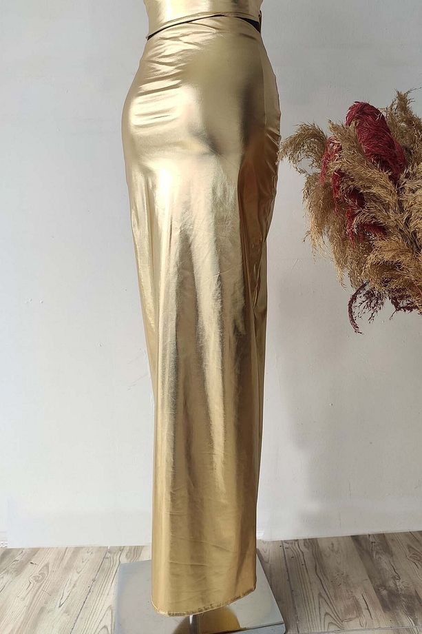 Gold Yırtmaçlı Uzun Etek - Parti Dans Tango Eteği - 2