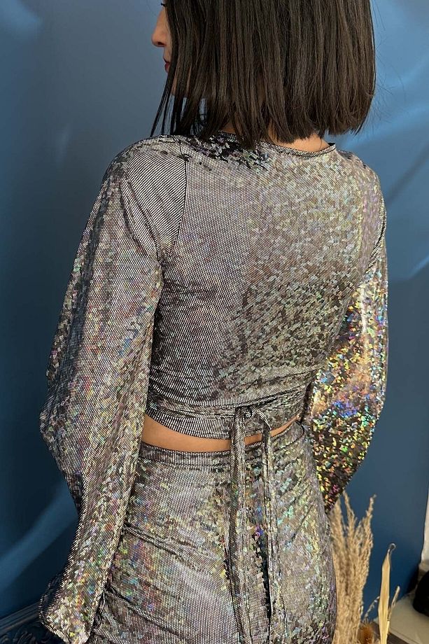 Hologram Ispanyol Kollu Bağlamalı Crop Bluz - Parti Dans Tango Bluzu - 4