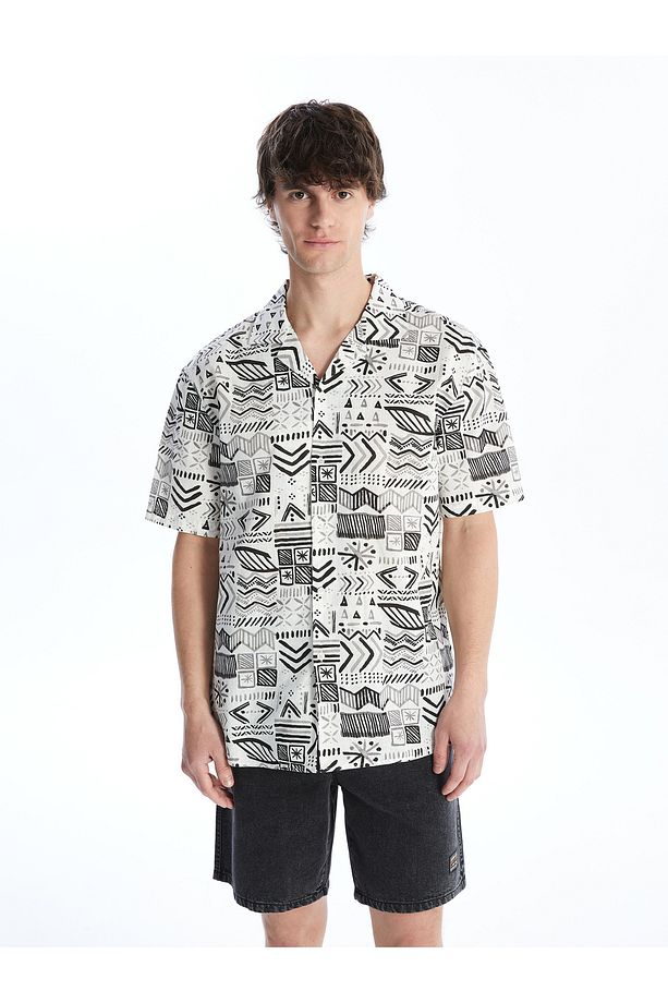 Regular Fit Kısa Kollu Desenli Poplin Erkek Gömlek - 1