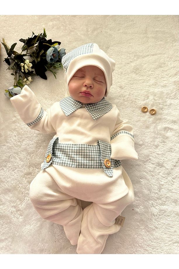 Mavi Ekose Kumaş Detaylı Çıtçıtlı Erkek Bebek Yenidoğan Tulum Ve Şapkası - 3