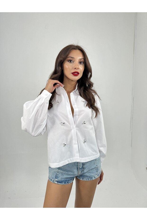 Women's Long Sleeve Figure-Embellished Stone Shirt White