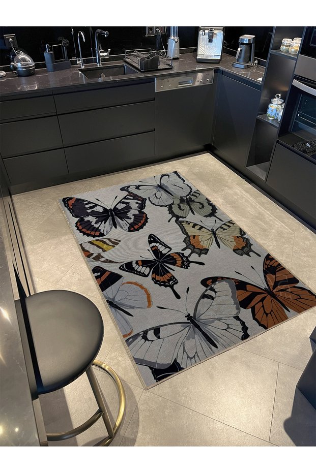 Shape Collection Multicolored Butterflies Woven Base Modern Decorative Carpet 36