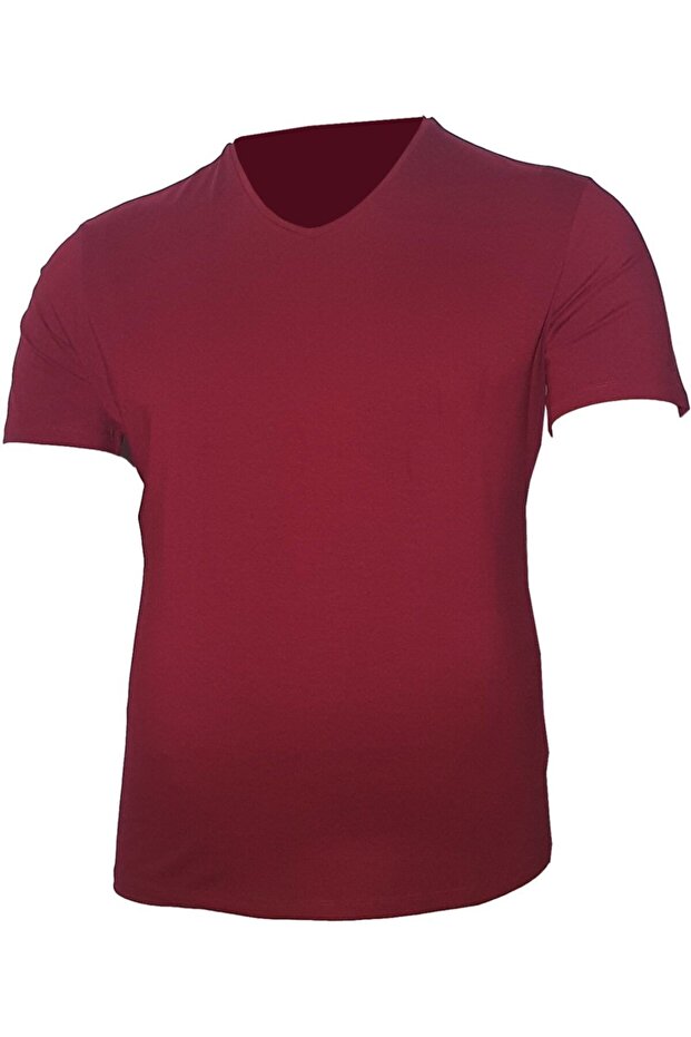 Men's Claret Red Large Size V-Neck Lycra T-shirt