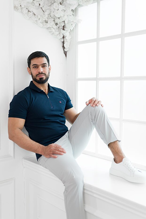 Zippered Polo Collar 100% Cotton Regular Fit T-Shirt