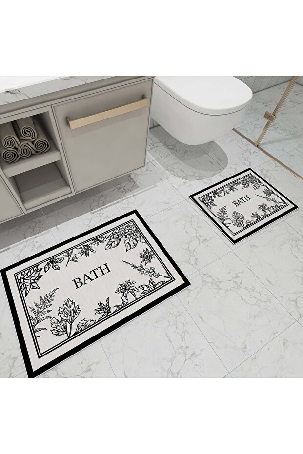 Non-Slip Base Washable Double Bath Mat Set Black and White Bath Digital Printed 60X90Cm- 40X60Cm