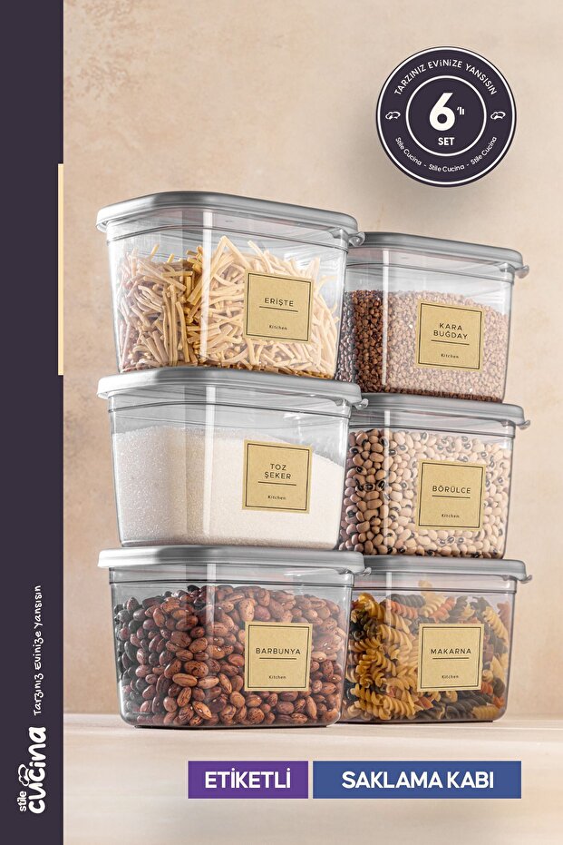 1300 ml Anthracite 6-Piece Large Size Rectangular Storage Set with Plastic Lid - Labeled - 1