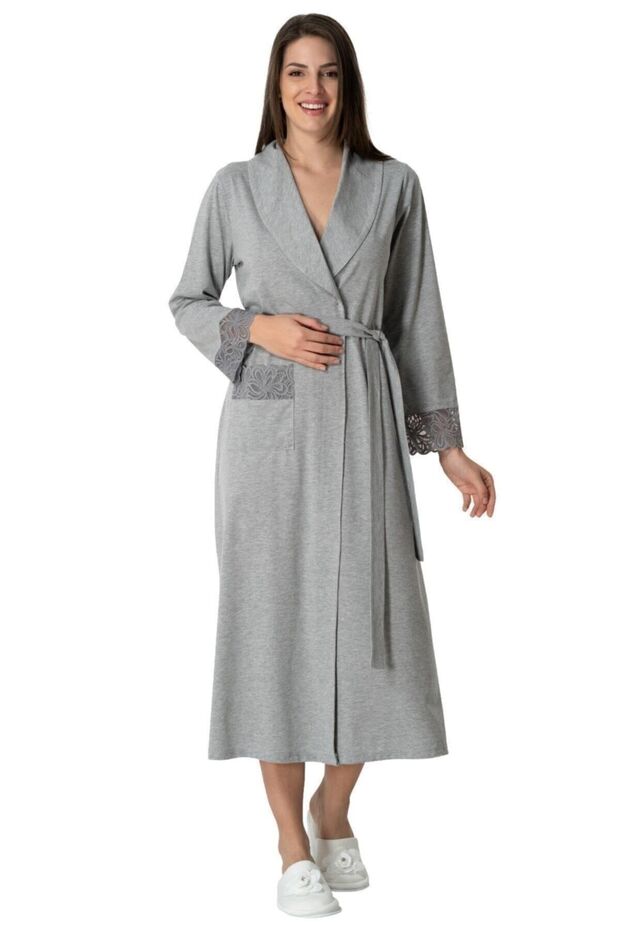 Women's Gray Lace Cotton Combed Long Dressing Gown
