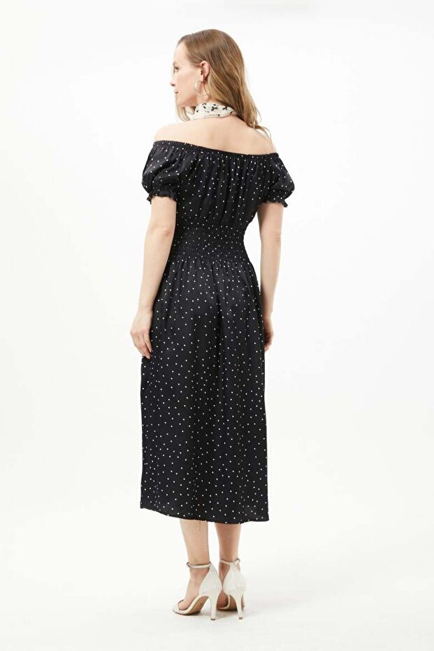 Black Madonna Neckline Patterned Dress