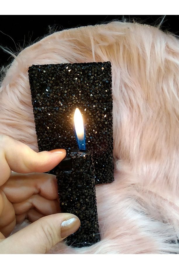 Siyah Parlak Swarovski Taşlı Kısa Kalın Sigara Kutusu Ve Çakmak Seti - 4