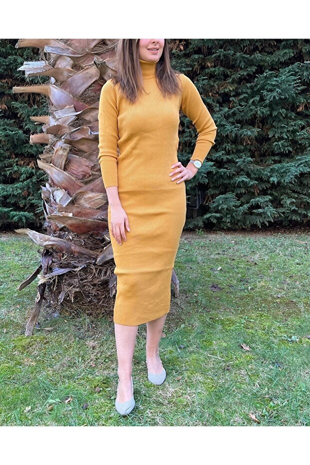 Kadın Midi Boy Camel Tam Balıkçı Fitilli Basic Triko Elbise - 2