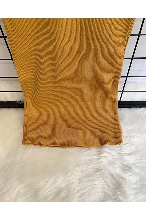 Kadın Midi Boy Camel Tam Balıkçı Fitilli Basic Triko Elbise - 4