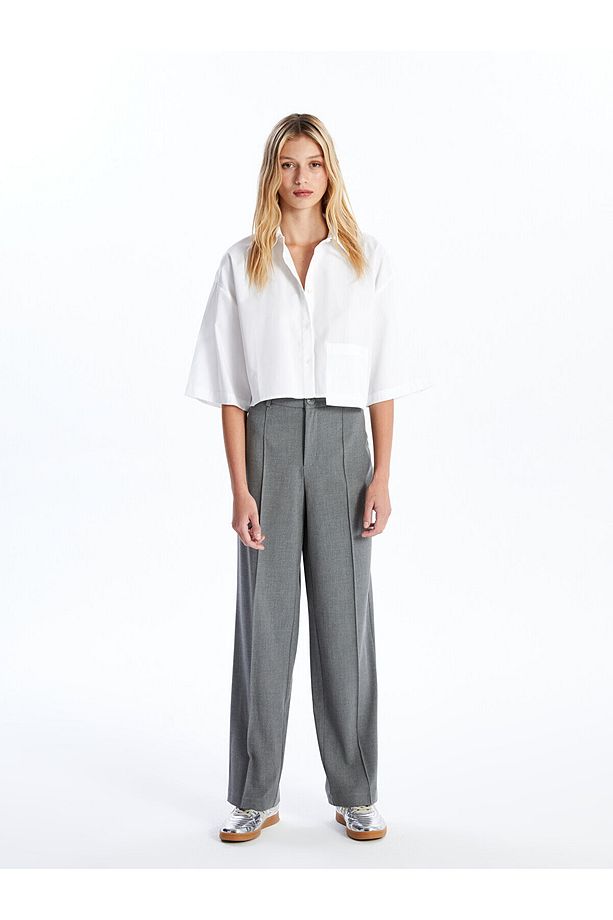 LCW Düz Kısa Kollu Crop Poplin Kadın Gömlek - 3