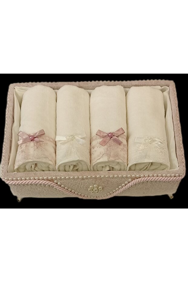 Metal Footed Towel Holder Four Pieces Scalloped Bow Cotton Towel 30*50 Gift Bundle Dowry Box