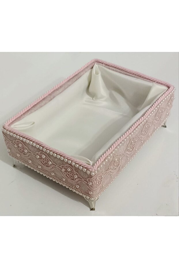 Velvet Foot Scalloped Pearl Decorated Towel Holder Organizer Gift Bundle Dowry Holder