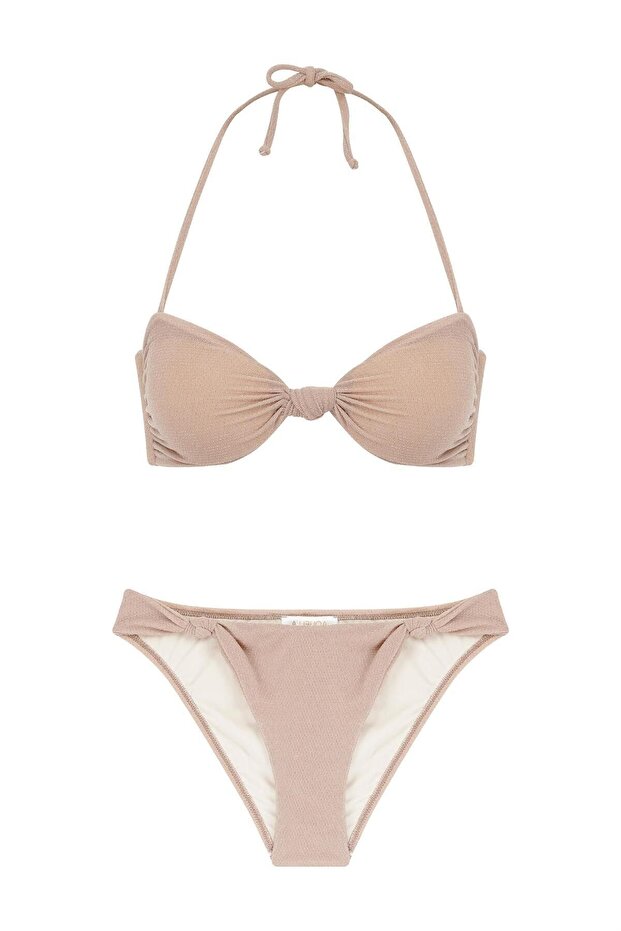 Glitter Mink Strapless Bikini Set with Knot Detail