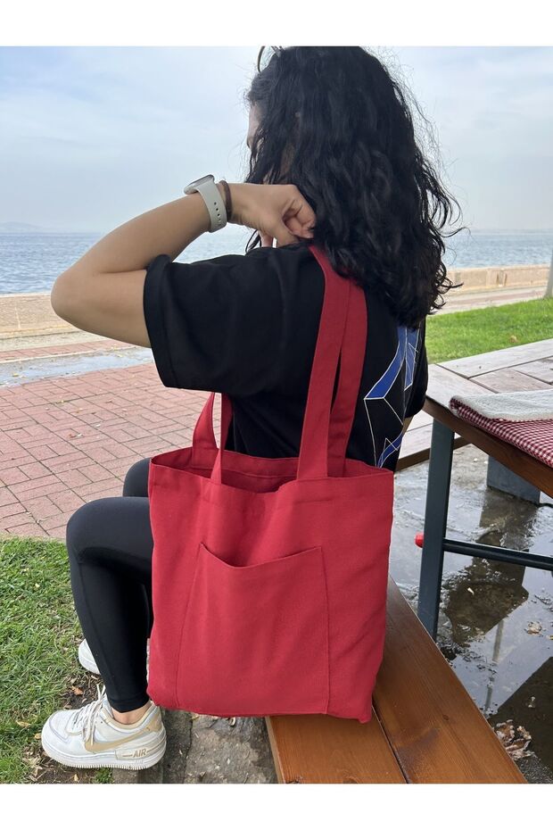 Red Eco-Friendly Cloth Bag, Linen Hand and Shoulder Bag with Pockets, Grocery Shopping Bag
