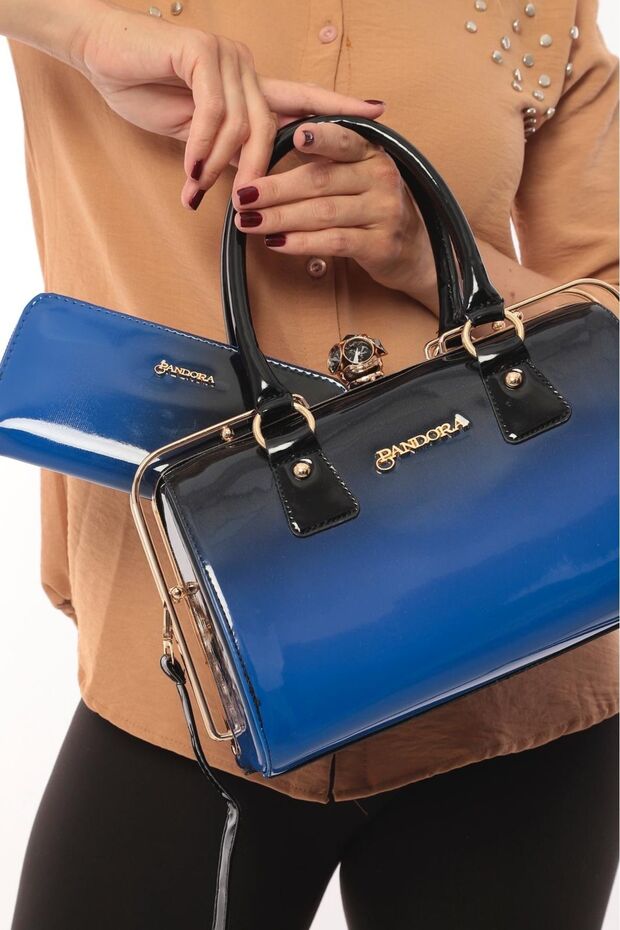 Blue Black Translucent Patent Leather Scholarship Bag and Wallet Set