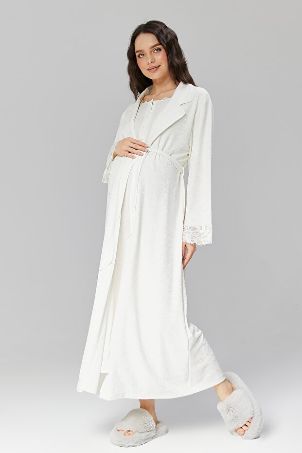 Women's Ecru Jacquard Lace Design Full Length 100% Cotton Maternity Maternity Dressing Gown Nightgown Set