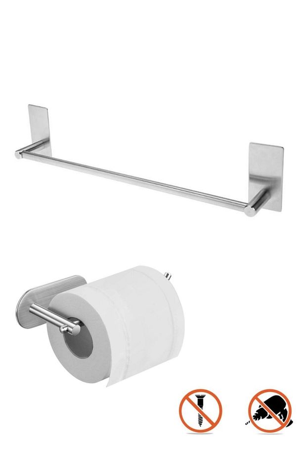Paslanmaz Çelik 40cm Havluluk Ve Tuvalet Kağıtlığı Set - Yapışkanlı Montaj - Vida Yok... - 1