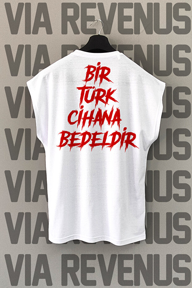 تيشيرت رياضي أبيض بدون أكمام مطبوع من الأمام والخلف من Bir Turkish Cihana Bedeldir