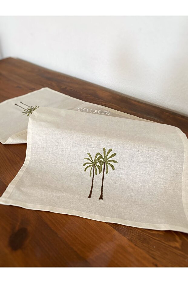 Organic Linen Runner with Palm Tree Embroidery - 40X100 cm