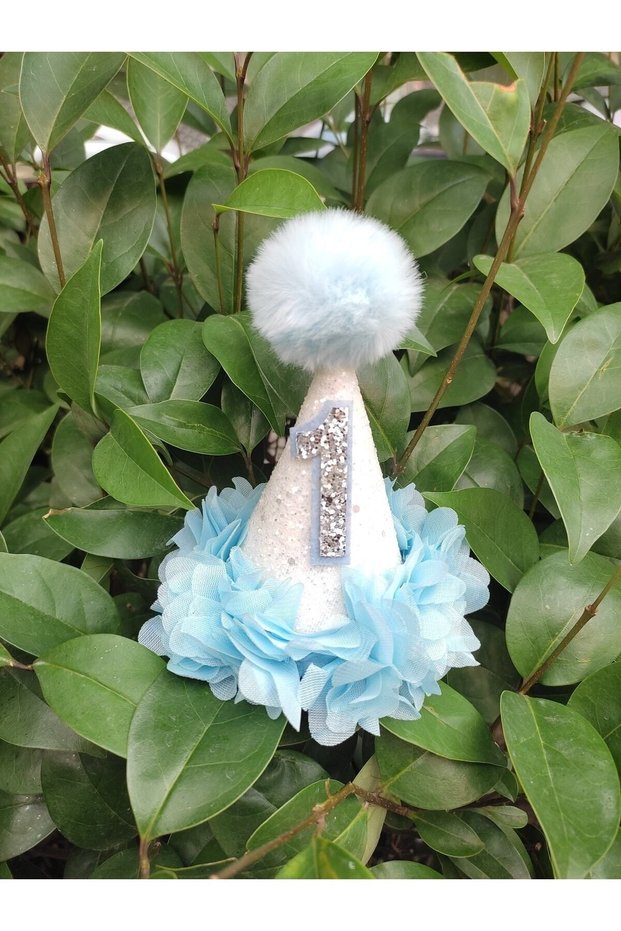 1 Year Birthday Pompom Crown Bandana Funnel White / baby blue