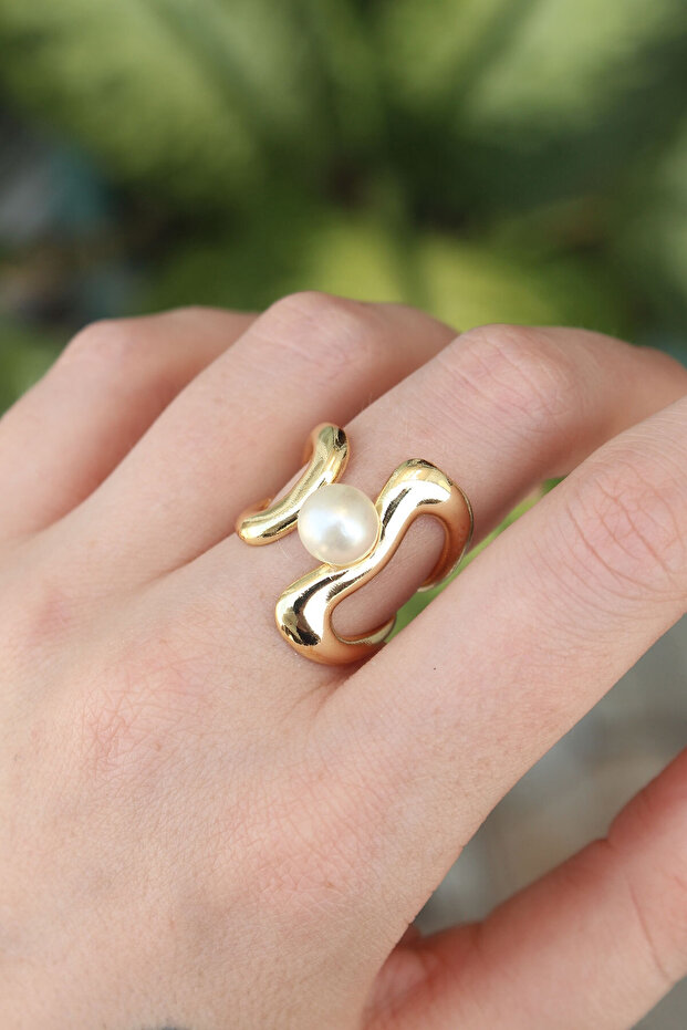 Brass Gold Pearl Jewelled Adjustable Ring
