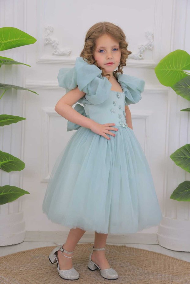 Flower-Detail Balloon Sleeve Tulle Skirt Girls' Evening Dress