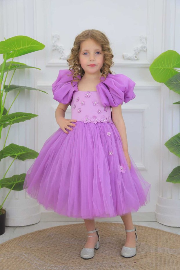 Flower-Detail Balloon Sleeve Tulle Skirt Girls' Evening Dress