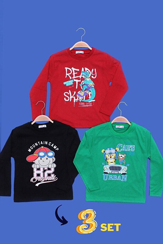3-Piece Football-Follow-Big Different Printed Boy's Long Sleeve Red-Black-Green Sweatshirt