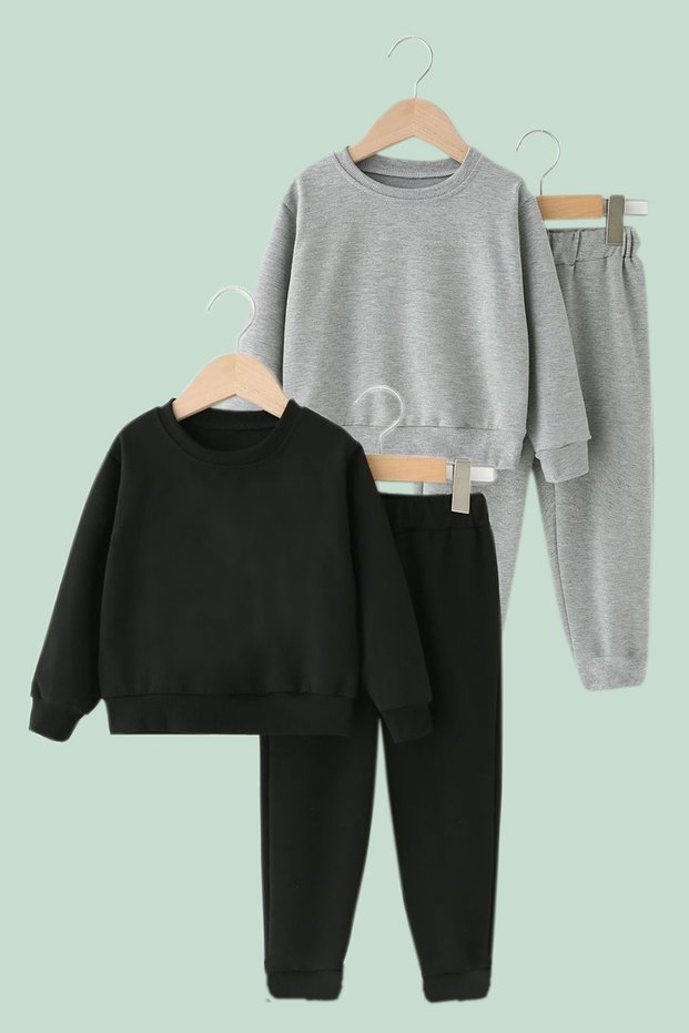 2-Piece Plain Unisex Kids Double Pocket Black-Grey Tracksuit Set
