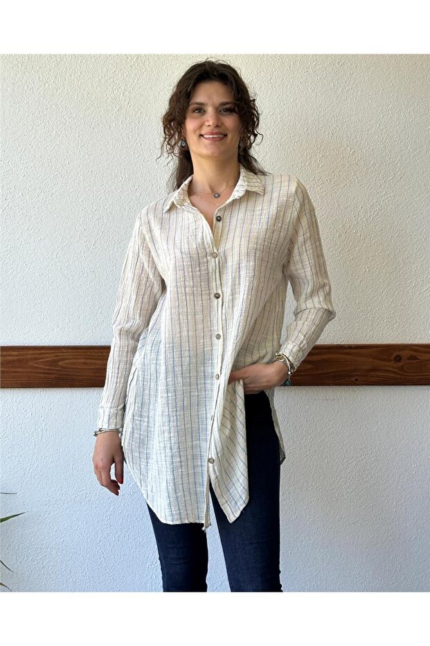 Beige Cotton Shirt with Blue Stripes