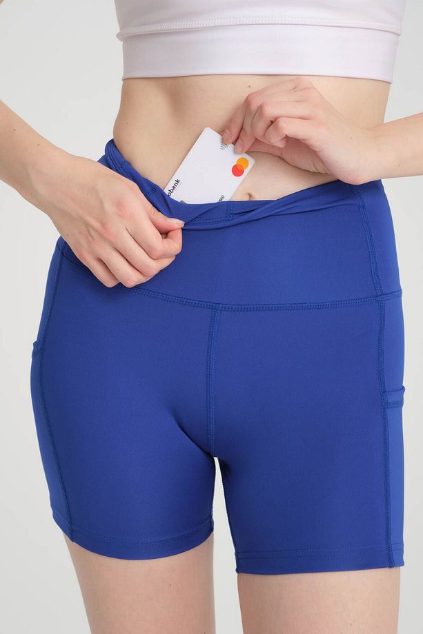Kadın Çift Cepli Yüksek Bel Spor Şort Mavi Yoga Şort Tayt - 8