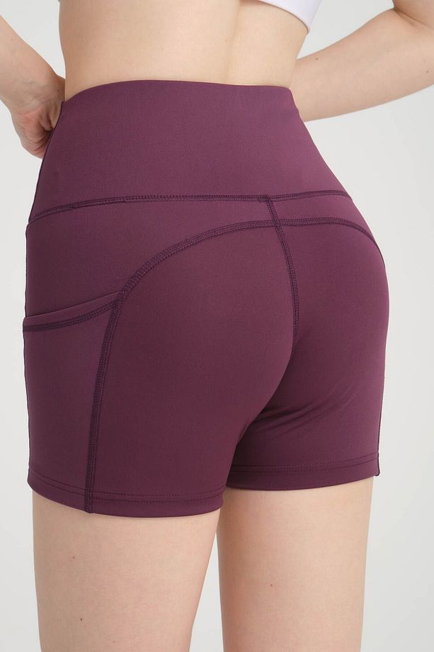 Kadın Çift Cepli Yüksek Bel Spor Şort Mürdüm Yoga Şort Tayt - 7