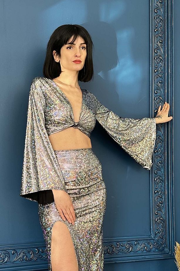 Hologram Ispanyol Kollu Bağlamalı Crop Bluz - Parti Dans Tango Bluzu - 1