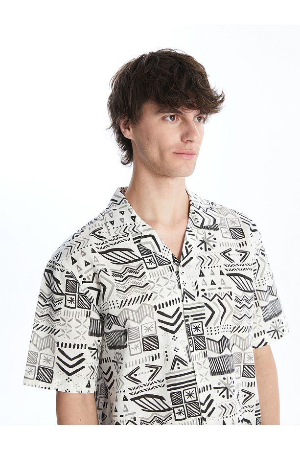 Regular Fit Kısa Kollu Desenli Poplin Erkek Gömlek - 3